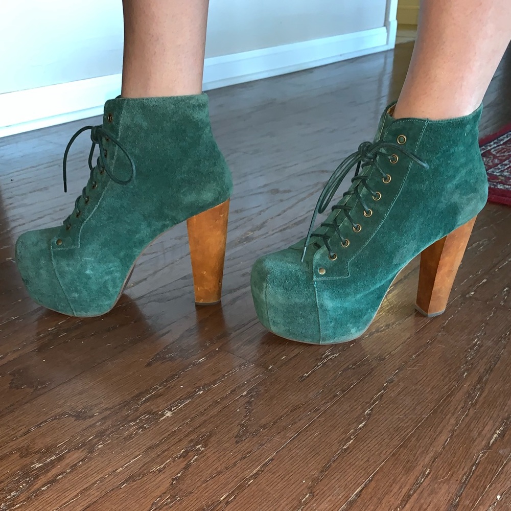 Jeffrey Campbell green suede boot heels